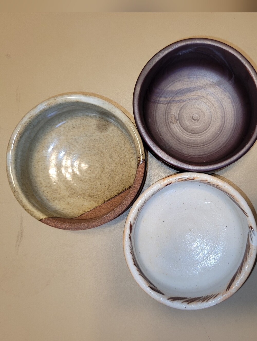 Handmade Ceramic Trinket Dishes - Set of 3 (Beige, Purple, Cream).